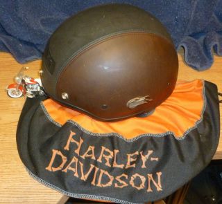Genuine Harley Davidson Leather Covered Helmet w Storage Bag Size XL