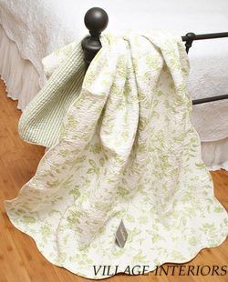 Brighton Green Ivory White Toile French Country Quilt Throw