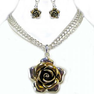  Metal Flower Silver Gold Earring Necklace Set Costume Jewelry