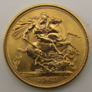 United Kingdom Full Gold Sovereign 1963 Bullion Coin 235 ozt Elizabeth