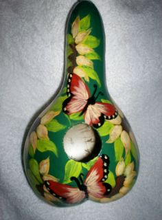  and Butterflies on Green Hand Painted Gourd Birdhouse