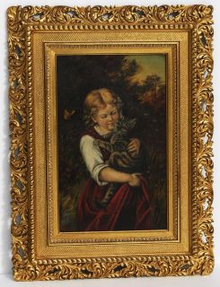 RUDOLF EPP, 1880s OIL, Listed German Artist, YOUNG GIRL HOLDING A CAT