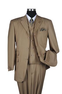New Mens 3 Piece Milano Moda Elegant and Classic Stripes Suit Tan