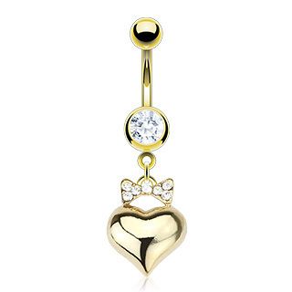 Gold Plated Clear Bow Heart Dangle Belly Button Navel Ring Body