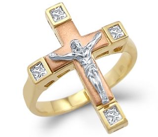 Ladies 14k Yellow Tri Color Gold Cross Crucifix Ring