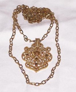   Signed CROWN TRIFARI Gold Tone Metal Double Chain Pendant Necklace