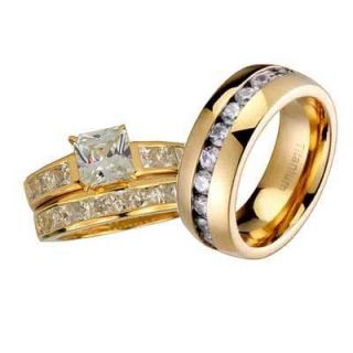  Mens Womens Gold Vermeil Silver Titanium Wedding Ring CZ Set