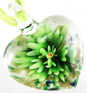 Green Flower Heart Shape Lampwork Murano Art Glass Bead Pendant Ribbon
