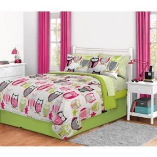 Green Pink Girls Owl Queen Comforter Skirt Sheets Set 8PC Bed in A Bag