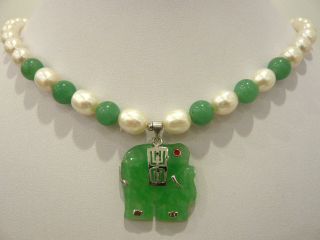 White Pearl Green Jade Necklace Elephant Pendant
