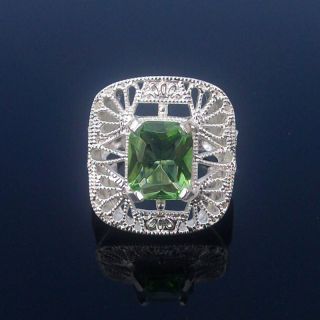  Victorian Vintage Silver Gemstone Ring Green Quartz Ring Size 8