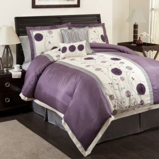 6pc Purple Gray Vertical Floral Embroidered Faux Silk Comforter Set