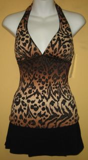 Gottex Cheetah Halter Tankini Swimsuit Swim Skirt Set Sz 8