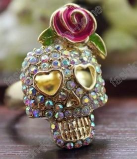 Multicolour Crystal Rose Flower Skull Rings Punk Style