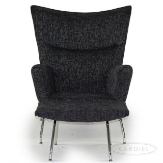 Hans J Wegner Style Wing Chair & Ottoman, Graphite Retrospeck Twill