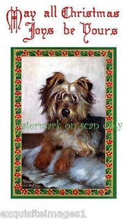 Maud West Watson~Yorkshi re Terrier Dog on Blue Pillow NEW Christmas