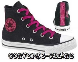 Kids Girls Converse All Star Black Pink Glitter Hi Top Trainers Boots
