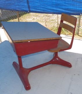 Vintage Classic Red School Desk with Storage Adjustable Height Wood