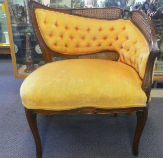  French Provincial Chair 1950s Cane Tufted Gold Unique Design