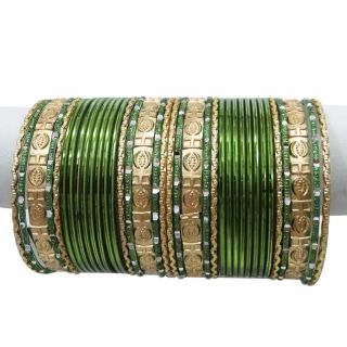 Bridal Wear Green Metal Bangle Set Gold Tone Wedding Bracelet Churi