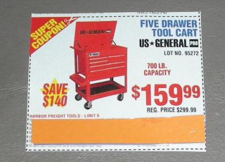 Harbor Freight Tools Five 5 Drawer 700 lb Service Cart $140 Off Coupon
