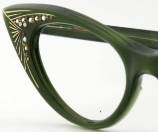 Womens Cateye Green w/ Rhinestone Frame France Eyeglass Frames Vintage