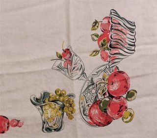 Vintage Linen Tablecloth Napkins Red Cherries Green Grapes Tan 48Sq