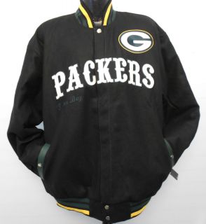 Green Bay Packers Black First Down Wool Jacket NFL Leather Appliqued