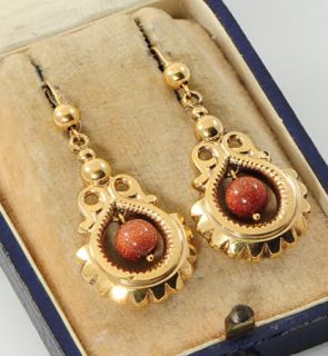 Victorian 9 Carat Gold Goldstone Drop Earrings Dated 1875
