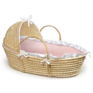 Natural Hooded Moses Basket with Pink Gingham Bedding