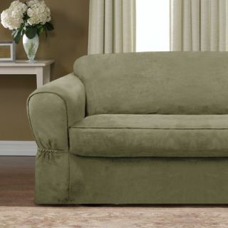 Maytex Piped Faux Suede Separate Seat Sofa Slipcover in Sage
