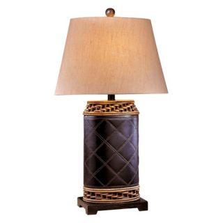 Table Lamp in Dark Brown Leather with Rattan