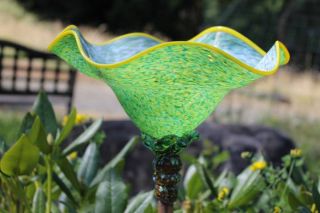 Spring Green Hand Blown Glass Flower or Deep Bird Bath Glass Garden