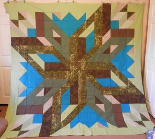 Handmade Quilt Top Green Florals on Brown Green Print 2 tone Brown w