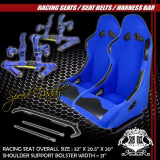 BLUE BUCKET RACING SEATS+SLIDER+H ARNESS BAR+4PT BELT DEL SOL/CIVIC