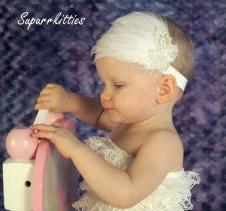 White Baby Feather Headband w Pearl Sequin Flower Photo Prop Baptism
