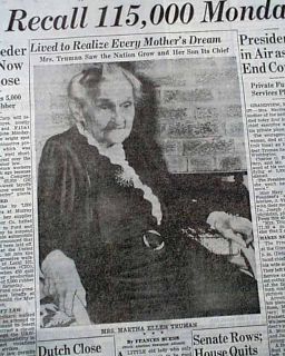 HARRY S. TRUMAN Mother Martha E. Truman Death 1947 Newspaper *