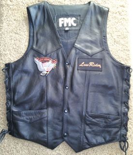 Mens Black Leather FMC Vest w Harley Davidson Patches Lace Up Sides Sz