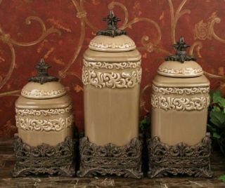 Tuscan Old World Drake Design Medium Taupe Kitchen Canisters Set of 3