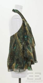 Haute Hippie Green Peacock Print Silk Ruffle Trim Halter Top Size