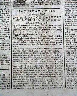 1780 Revolutionary War Newspaper Battle of Camden SC Charles Lord