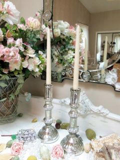 Pair of Silver Antiqued Mercury Glass Taper Candlestick Holders Paris
