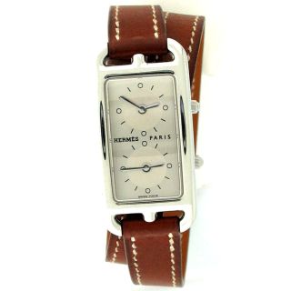 hermes ladies watch silver tone dial dual time fixed rectangular bezel