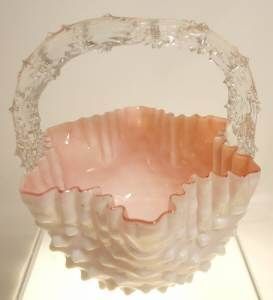 American Cased Glass Basket with Applied Thorn Handle Pink White