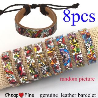 wholesale LOTS 8pcs TATOO SKULL Heat transfer Genuine Leather bracelet