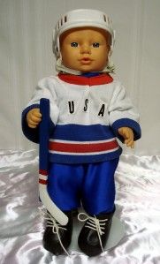 17 Vinyl Doll Dressed in Hockey Uniform Complete with Pads Skates