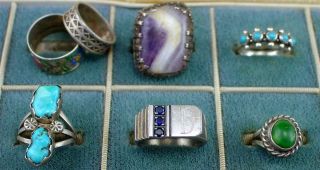 Lot 7 Vintage Sterling Silver Jewelry Ring Lot Enamel Turquoise