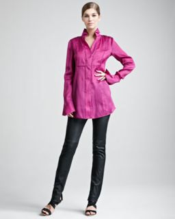 41ZE Donna Karan Tailored Organza Shirt & Jersey Stripe Leather Pants