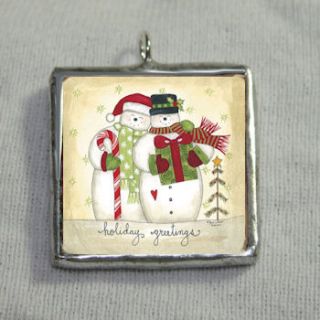 Snowmen Holiday Greetings 1x1 Soldered Silver Charm Pendant