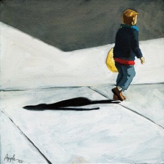 Little Boy Helping Shopping City Street Original Oil Painting by L